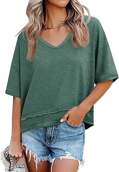 Women's Cotton V-Neck Spliced Layered Hem Summer Top