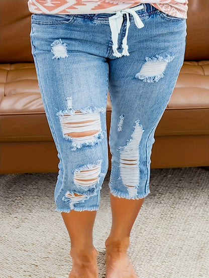 Women's Plus Size Ripped Drawstring Stretch Capri Jeans