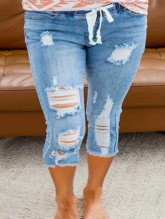 Women's Plus Size Ripped Drawstring Stretch Capri Jeans