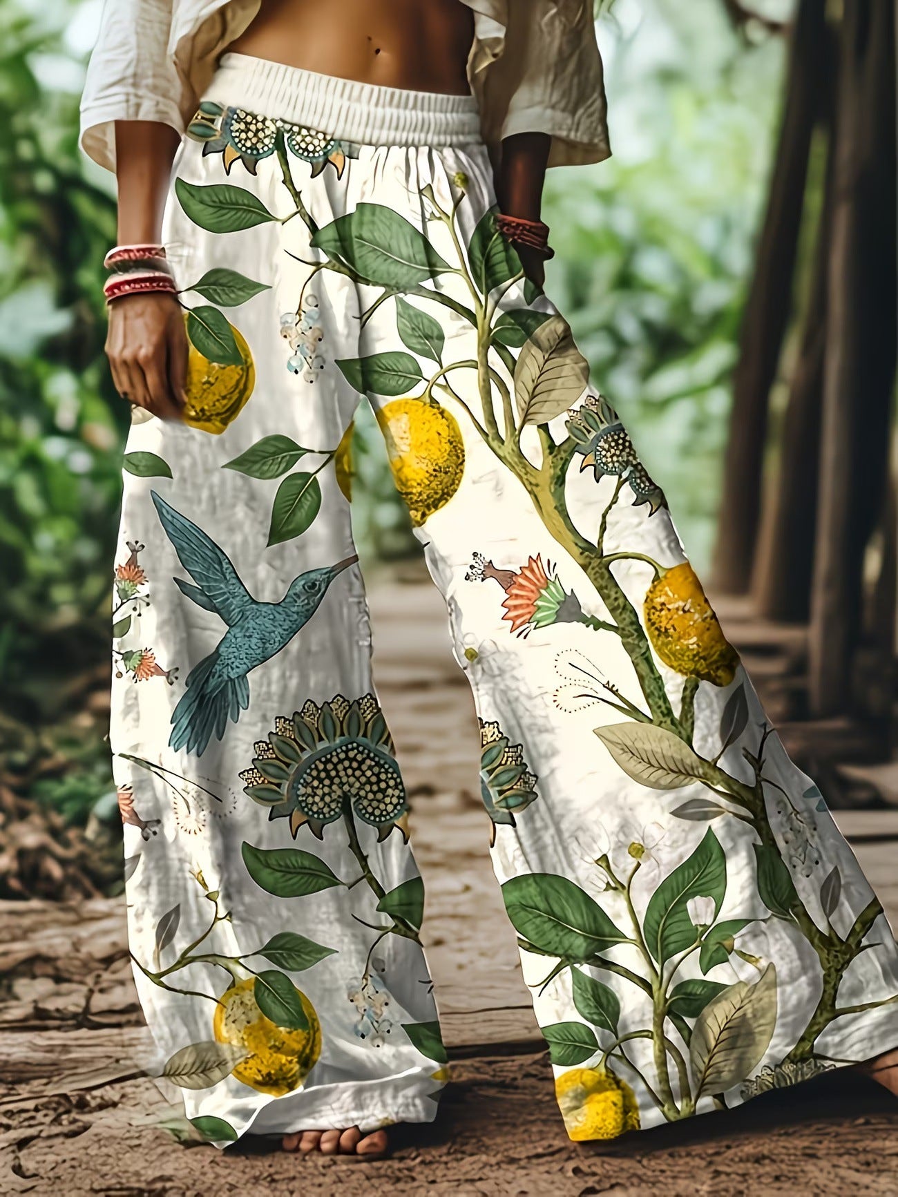 🌸 Women's Boho Floral &amp; Bird Print Wide-Leg Pants