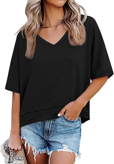 Women's Cotton V-Neck Spliced Layered Hem Summer Top