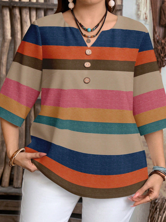 ✨ Plus Size Geometric Color-Block Buttoned V-Neck Blouse