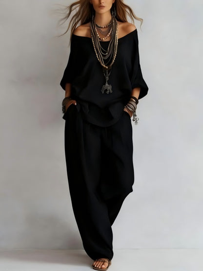 Boho Minimalist Off-Shoulder Matching Pants Set