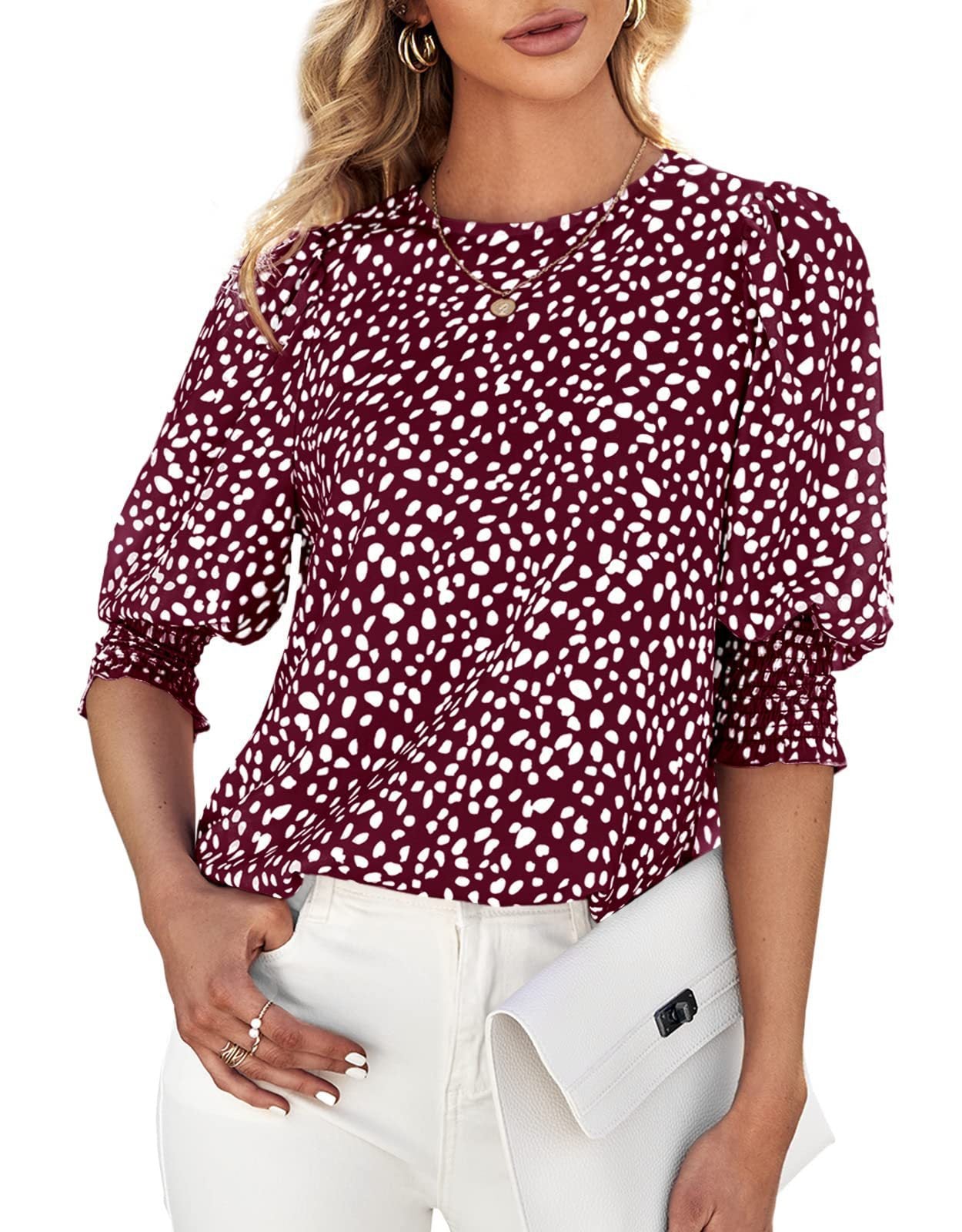 ✨ Plus Size Polka Dot 3/4 Puff Sleeve Office Blouse Top