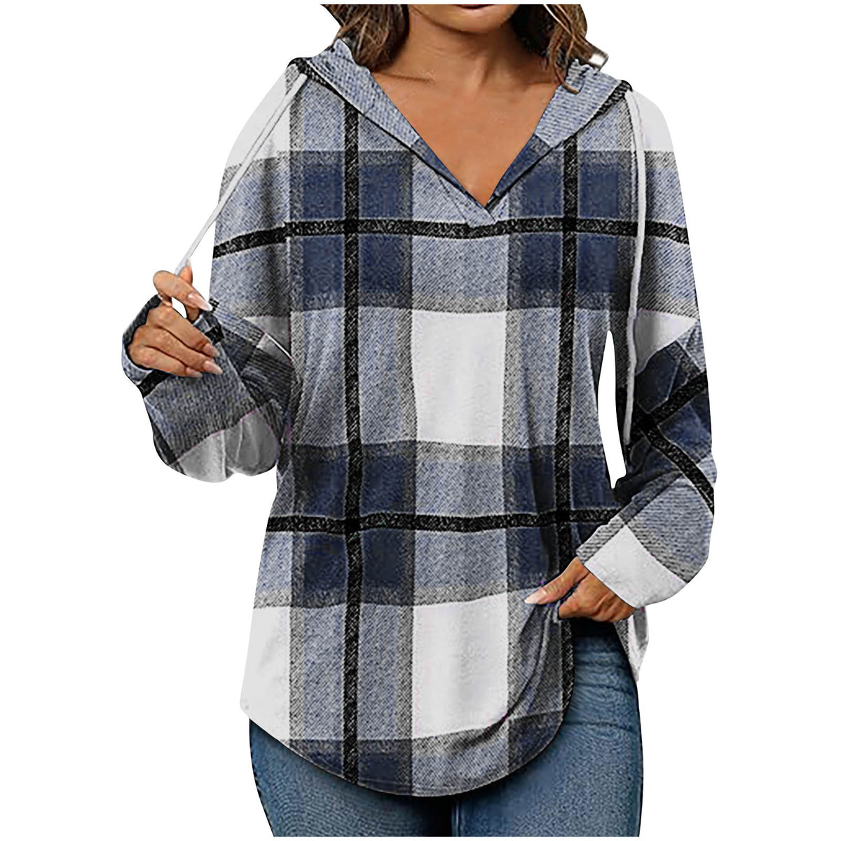 Casual V-Neck Plaid Hoodie with Drawstring