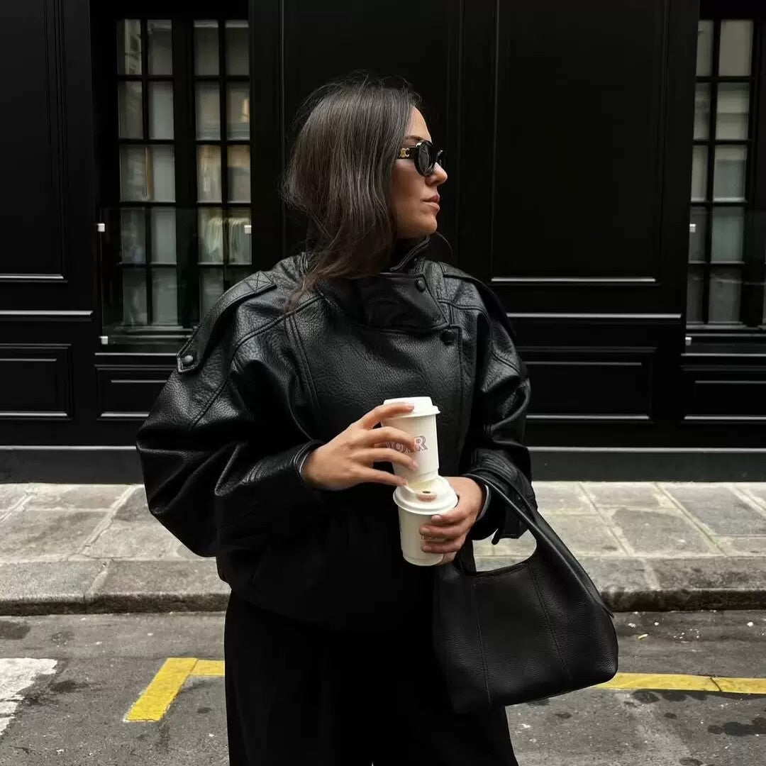 Women’s Oversized Stand Collar Faux Leather Jacket