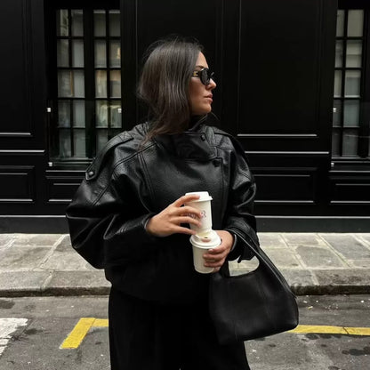 Women’s Oversized Stand Collar Faux Leather Jacket