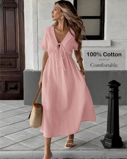 Women's Breezy Cotton V-Neck Midi Dress with Pockets