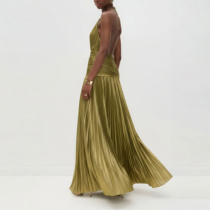 Elegant Satin Pleated Long Dress with Halter Neck for Women