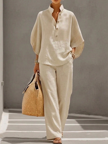 Women's Stand Collar Two-Piece Linen Blend Set