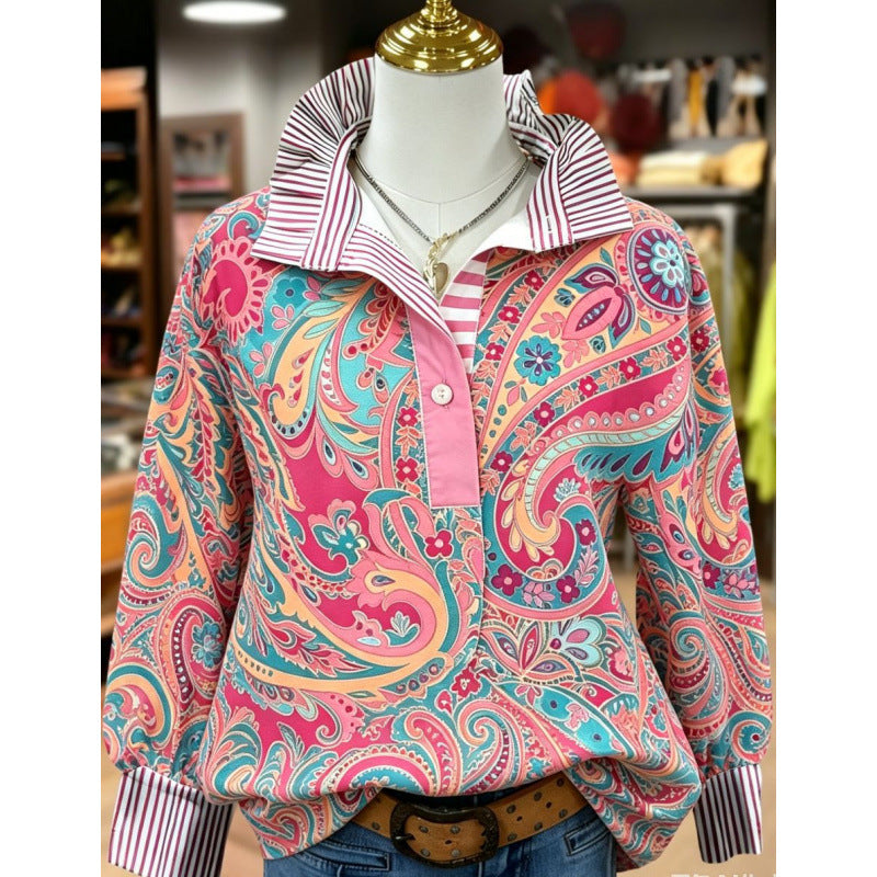 Retro Paisley Print Striped Collar Three Quater Sleeve Blouse