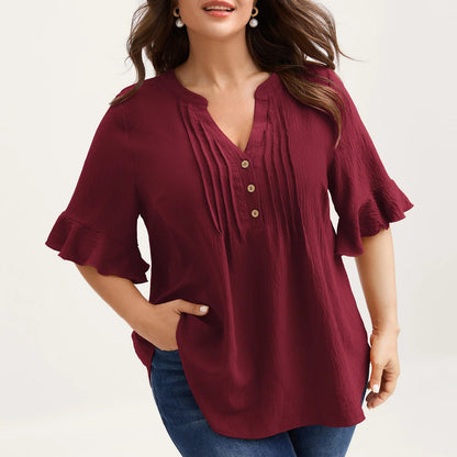 Plus Size Cotton Linen Ruffle V-Neck Summer Blouse