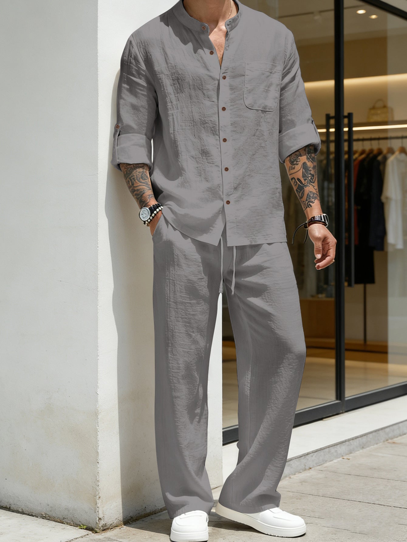 🔥Men's Linen Stand Collar Long Sleeve Button Shirt & Straight Leg Pants Set