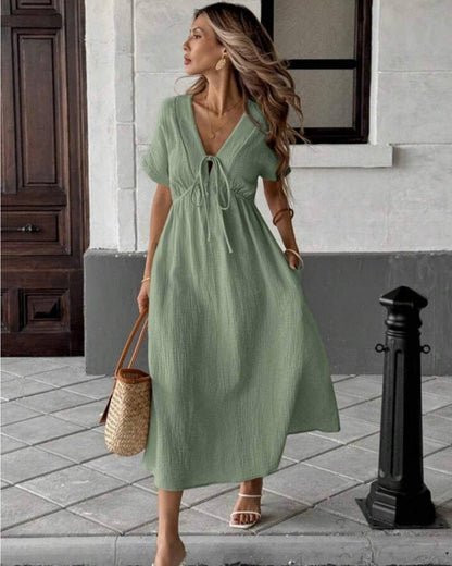 Women's Breezy Cotton V-Neck Midi Dress with Pockets