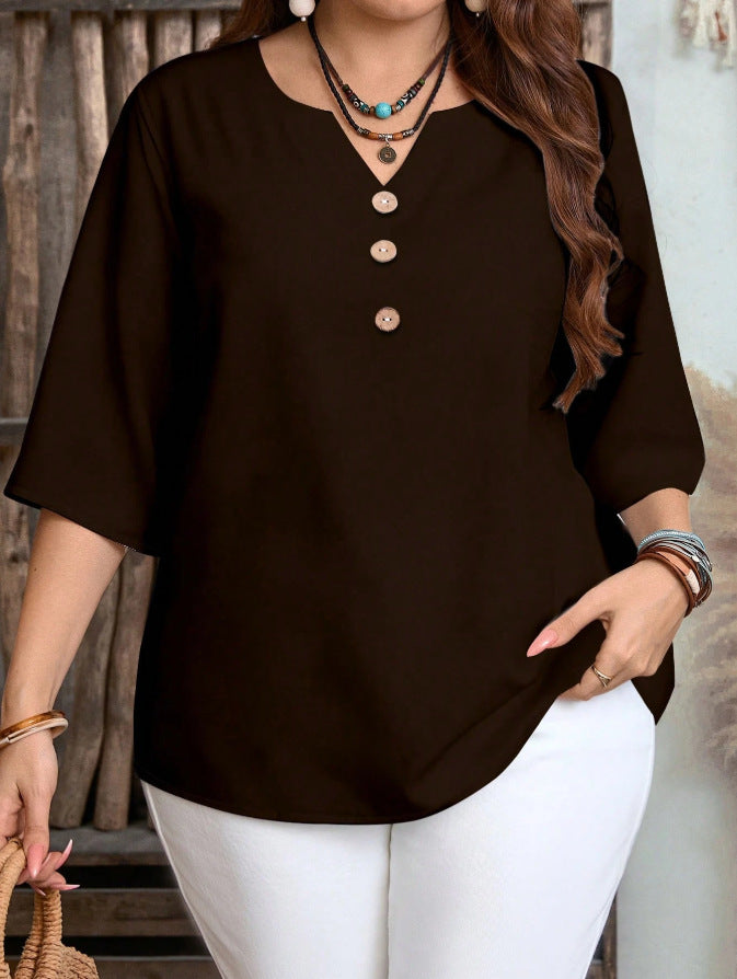 Women's Plus Size Vintage Print V-Neck Blouse with Casual Loose 3/4 Sleeve