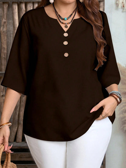 Women's Plus Size Vintage Print V-Neck Blouse with Casual Loose 3/4 Sleeve