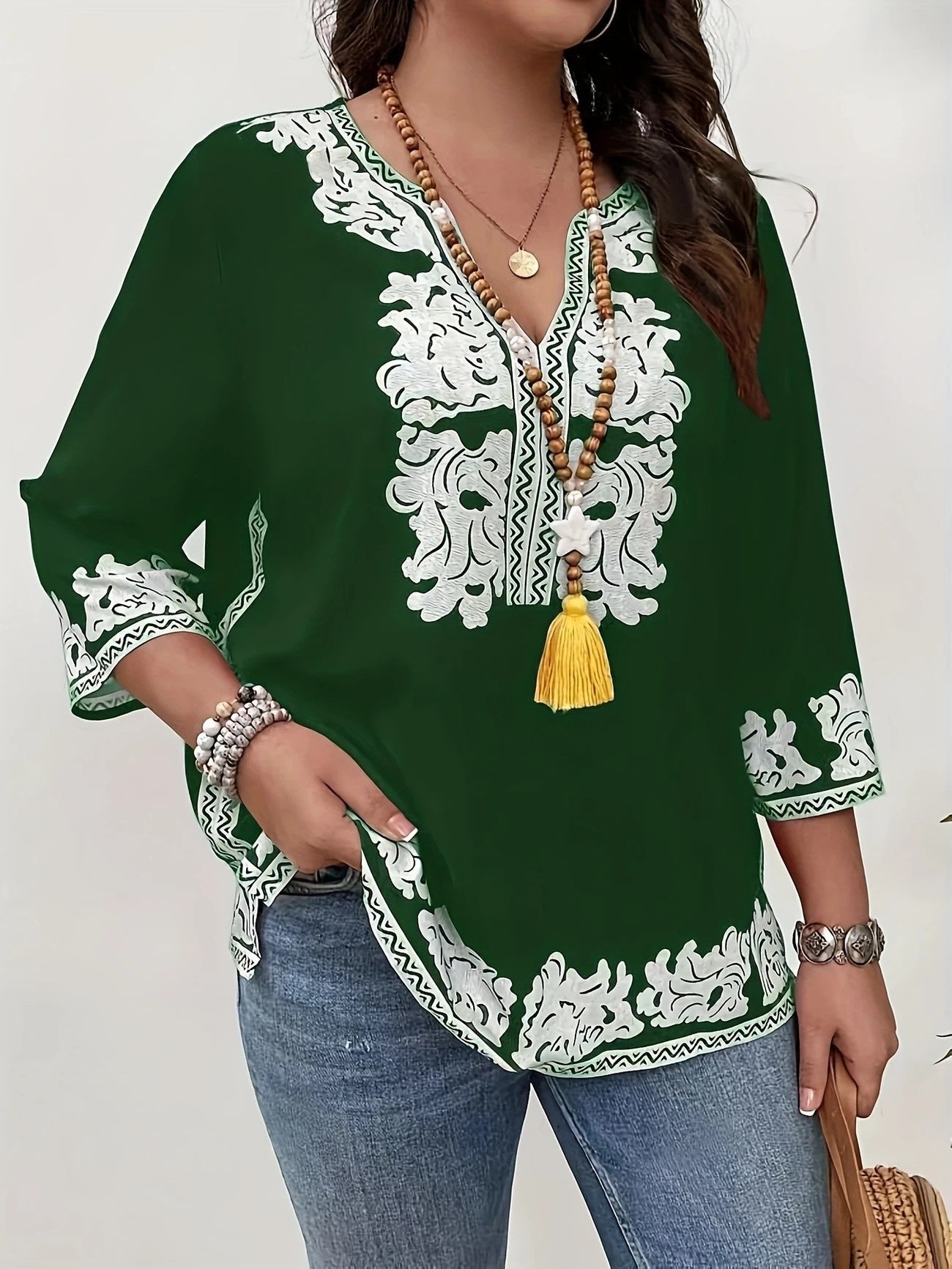 Women's Plus Size Boho Print V-Neck 3/4 Sleeve Top