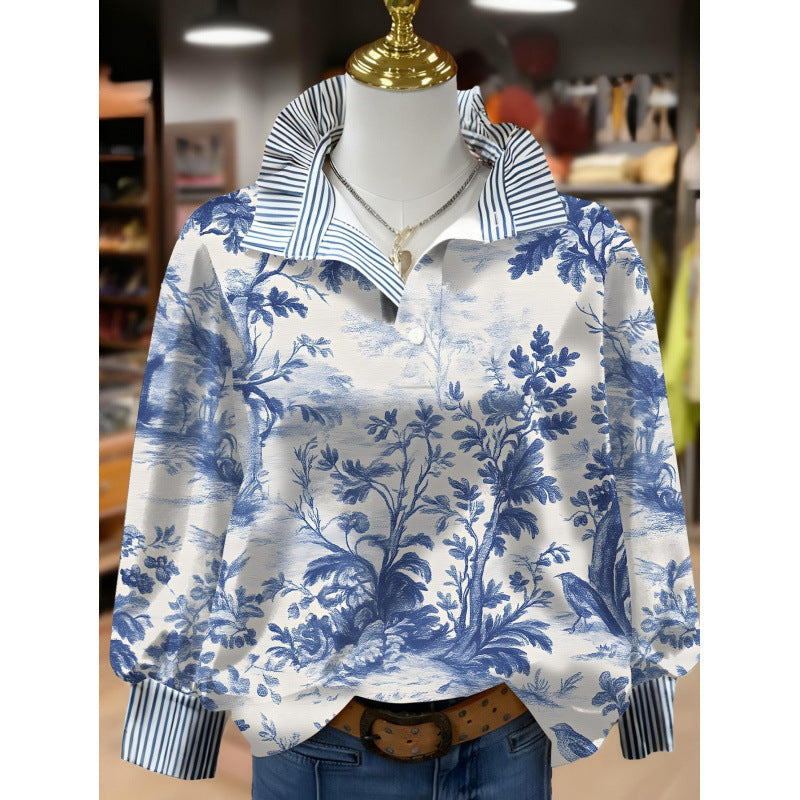 Retro Paisley Print Striped Collar Three Quater Sleeve Blouse