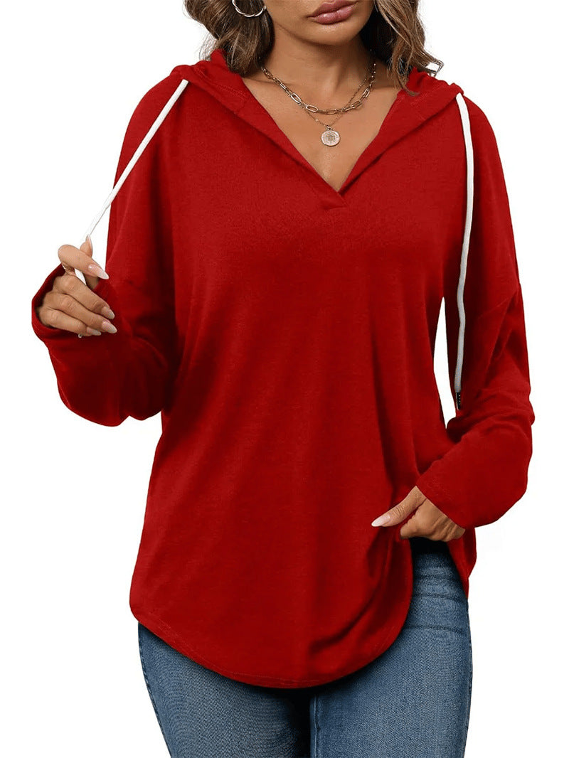 Women's Soft V-Neck Loose Drawstring Hoodie Long Sleeve Sweatshirt