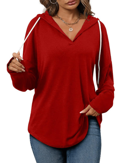 Women's Soft V-Neck Loose Drawstring Hoodie Long Sleeve Sweatshirt