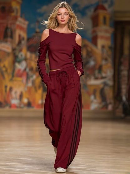 Women's Off-Shoulder Striped Long Sleeve Two-Piece Set