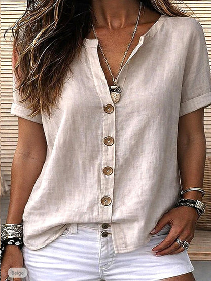 Breathable Cotton Linen V-Neck Top