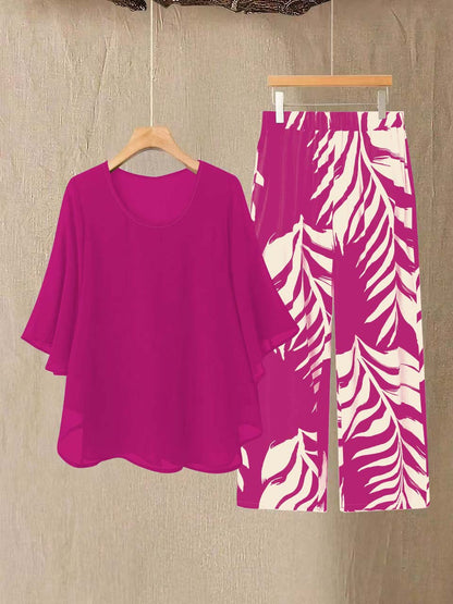 Plus Size Elegant Chiffon Top & Botanical Wide-Leg Pants Set