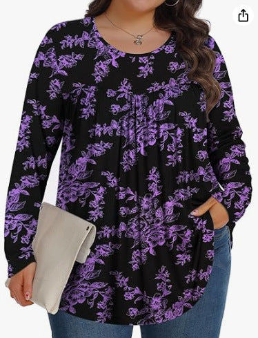 Plus Size Cotton Floral Long Sleeve Pleated Tunic Top