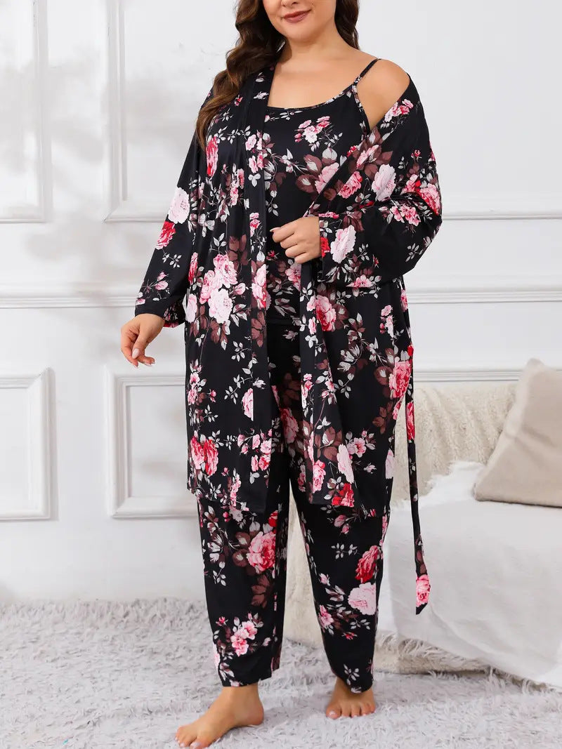Cherry Floral 3-Piece Loungewear Set in Plus Sizes