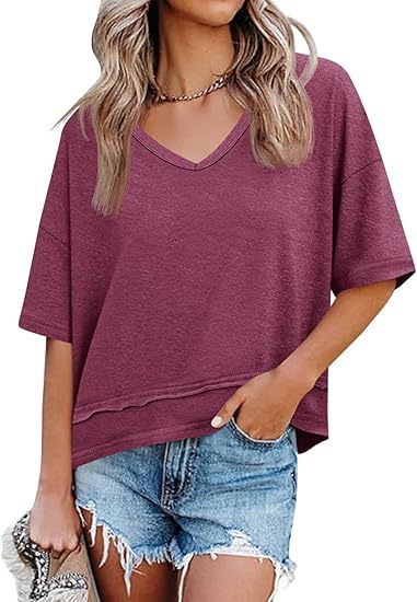 Women's Cotton V-Neck Spliced Layered Hem Summer Top