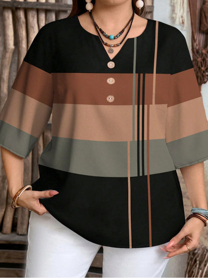 ✨ Plus Size Geometric Color-Block Buttoned V-Neck Blouse