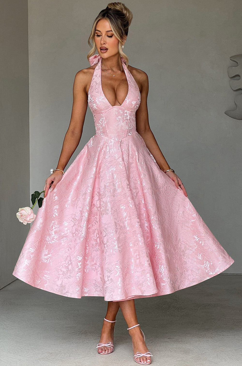 Floral Jacquard Halter Maxi Dress – Lace-Up Wedding Guest Dress