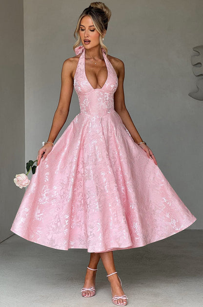 Floral Jacquard Halter Maxi Dress – Lace-Up Wedding Guest Dress