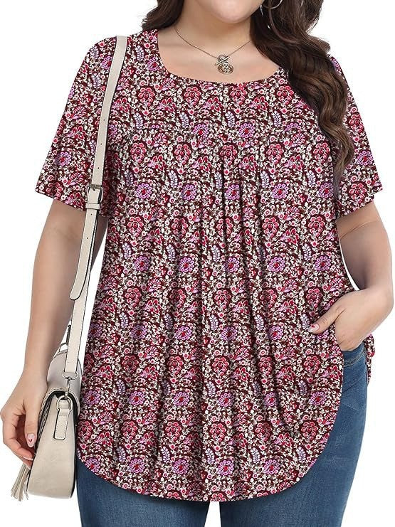 Women's Plus Size Floral Square Neck Pleated Tunic