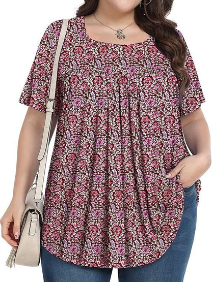 Women's Plus Size Floral Square Neck Pleated Tunic