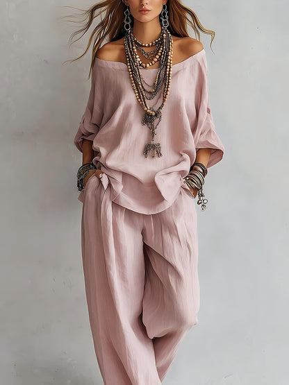 Boho Minimalist Off-Shoulder Matching Pants Set