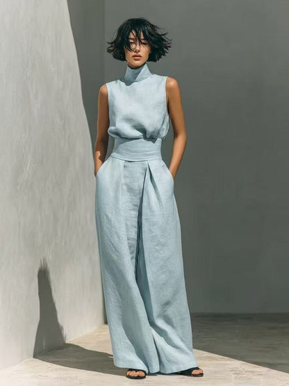 ✨Elegant High-Neck Two-Piece Wide-Leg Pants Set