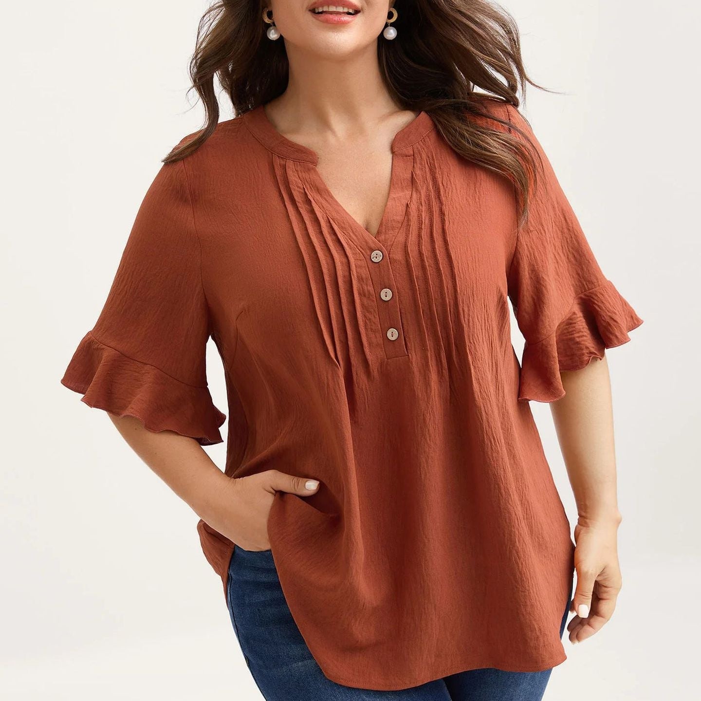 Plus Size Cotton Linen Ruffle V-Neck Summer Blouse