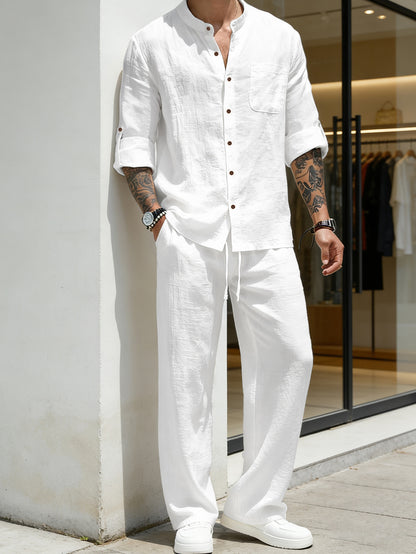 🔥Men's Linen Stand Collar Long Sleeve Button Shirt & Straight Leg Pants Set