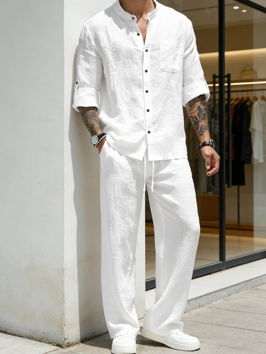 🔥Men's Linen Stand Collar Long Sleeve Button Shirt & Straight Leg Pants Set
