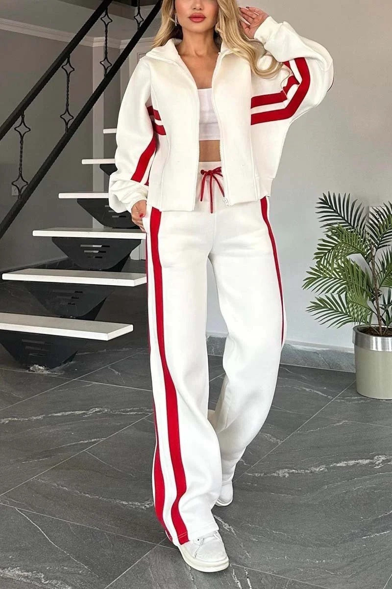 Women's Contrast Stripe Zip Up Jacket & Wide Leg Pants Set