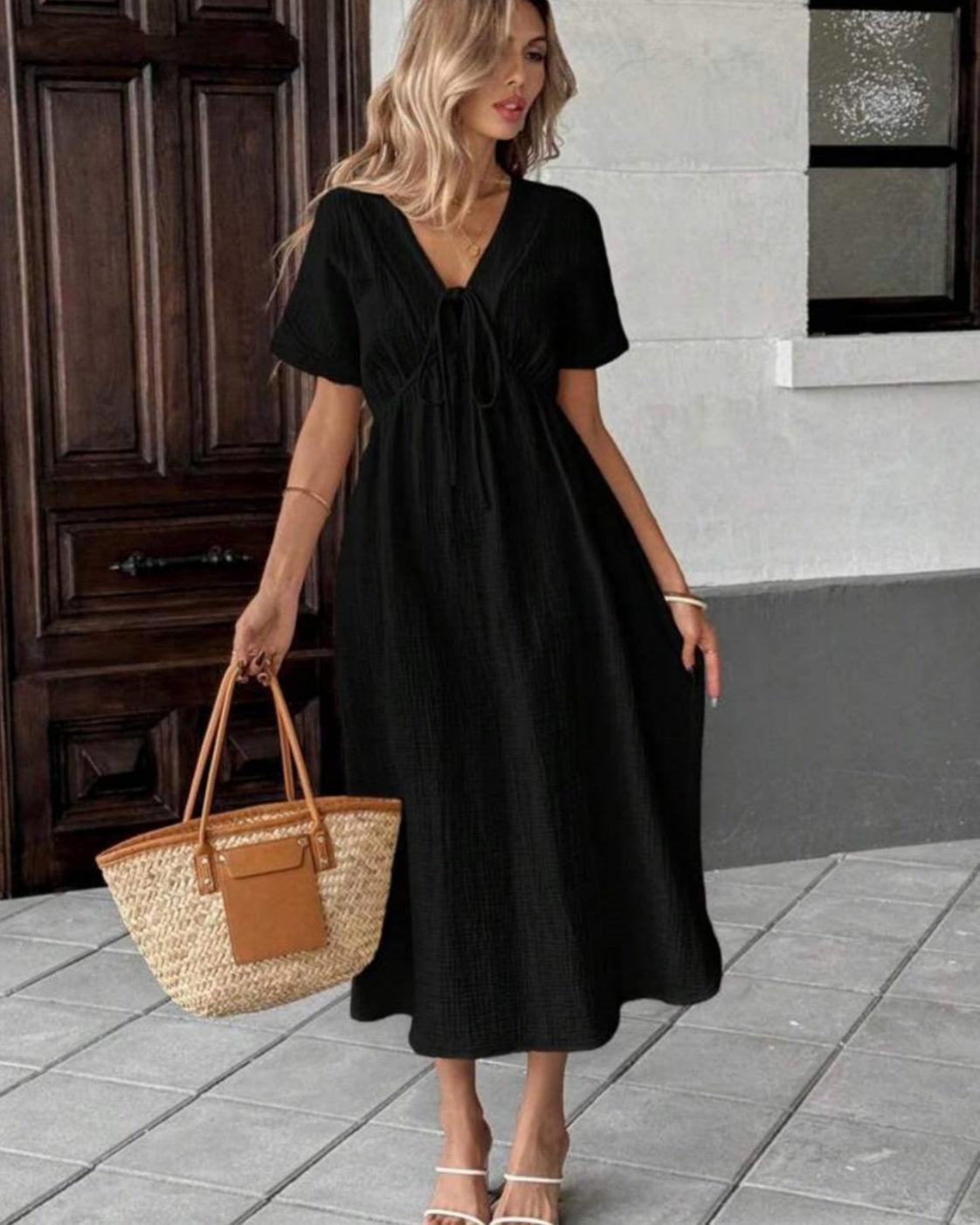 Women's Breezy Cotton V-Neck Midi Dress with Pockets