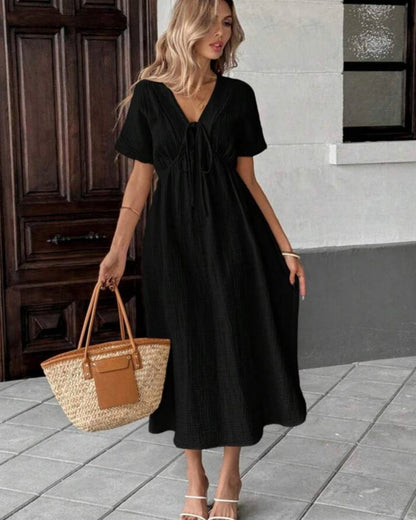 Women's Breezy Cotton V-Neck Midi Dress with Pockets