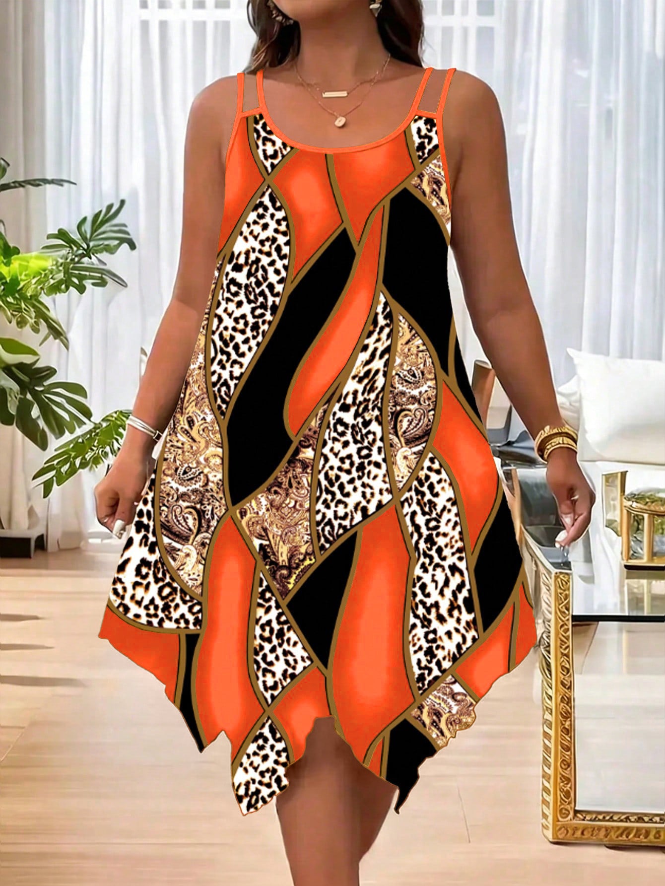 Women's Plus Size Patchwork Asymmetric Cami Dress