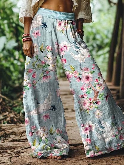 🌸 Women's Boho Floral &amp; Bird Print Wide-Leg Pants