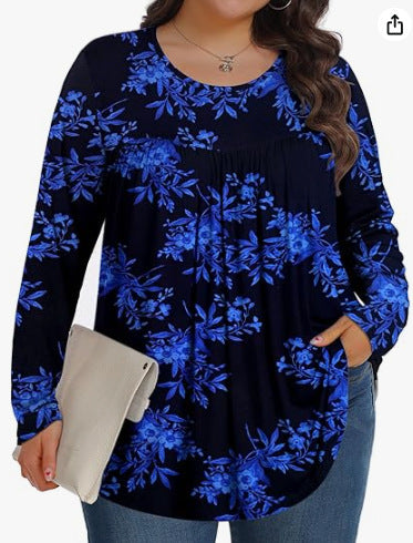 Plus Size Cotton Floral Long Sleeve Pleated Tunic Top