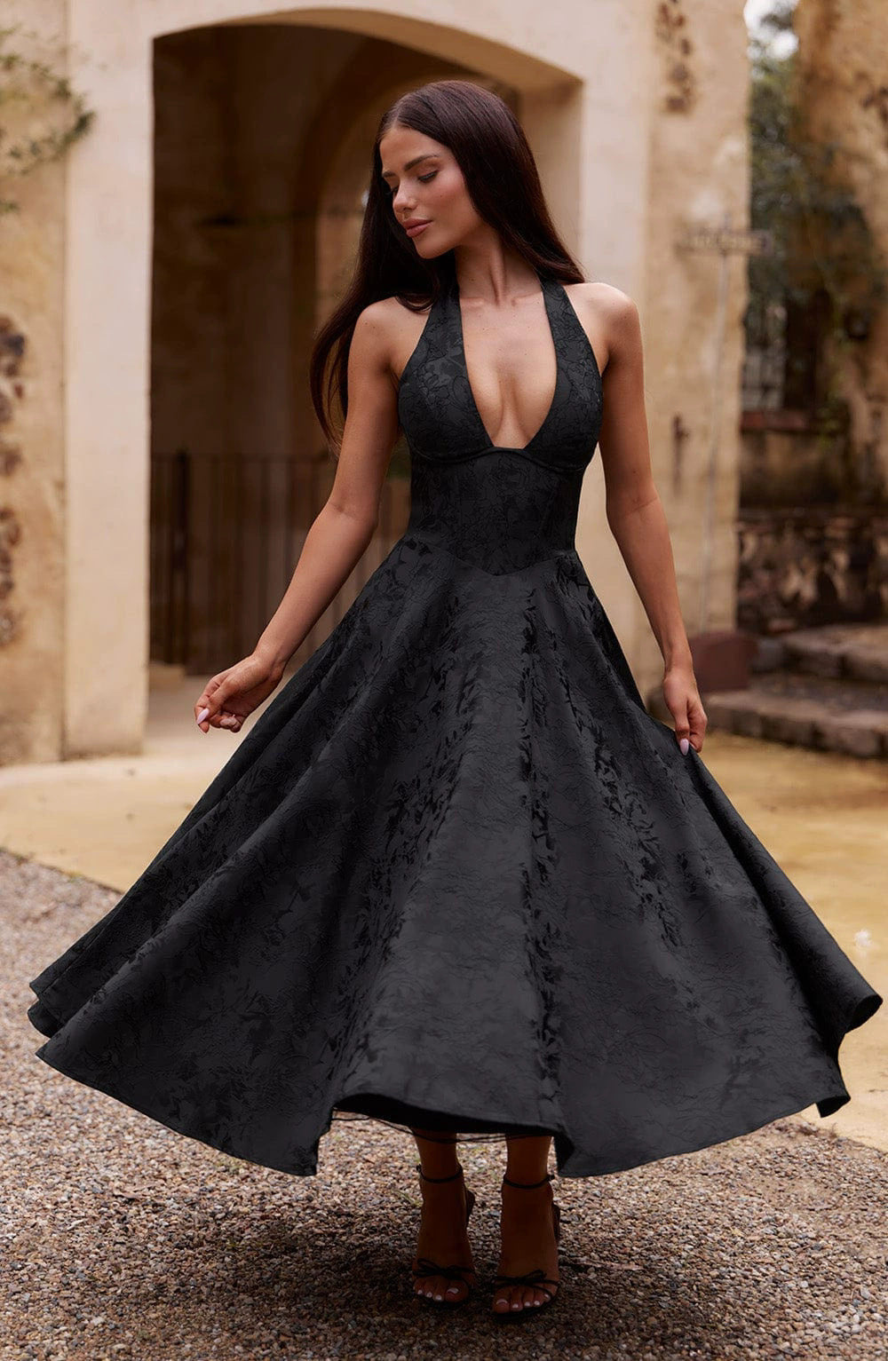 Floral Jacquard Halter Maxi Dress – Lace-Up Wedding Guest Dress