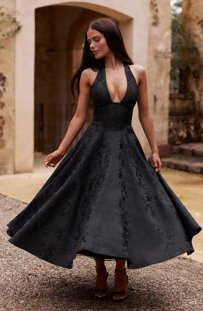 Floral Jacquard Halter Maxi Dress – Lace-Up Wedding Guest Dress