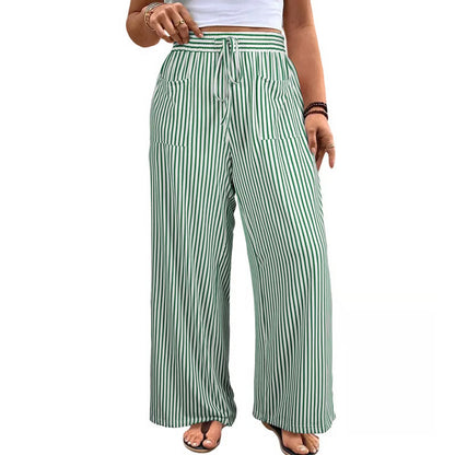 Women's Plus Size Vertical Striped High Waist Drawstring Wide Leg Pants