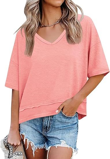 Women's Cotton V-Neck Spliced Layered Hem Summer Top